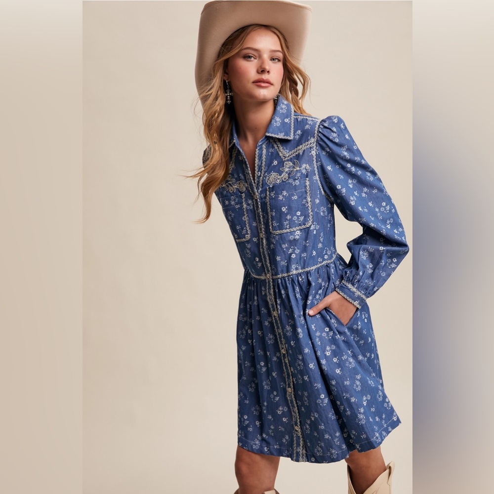 Embroidered Western Floral Shirt Dress | Dark Denim - Picture 10 of 12